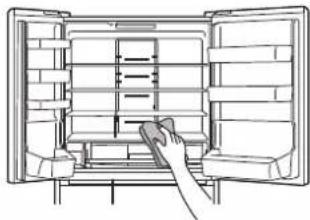 Line drawing of a refrigerator interior with a hand cleaning the door (no text or symbols)