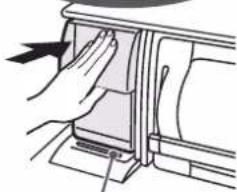 Illustration of a hand pressing down on a mechanical component (no text or symbols visible)