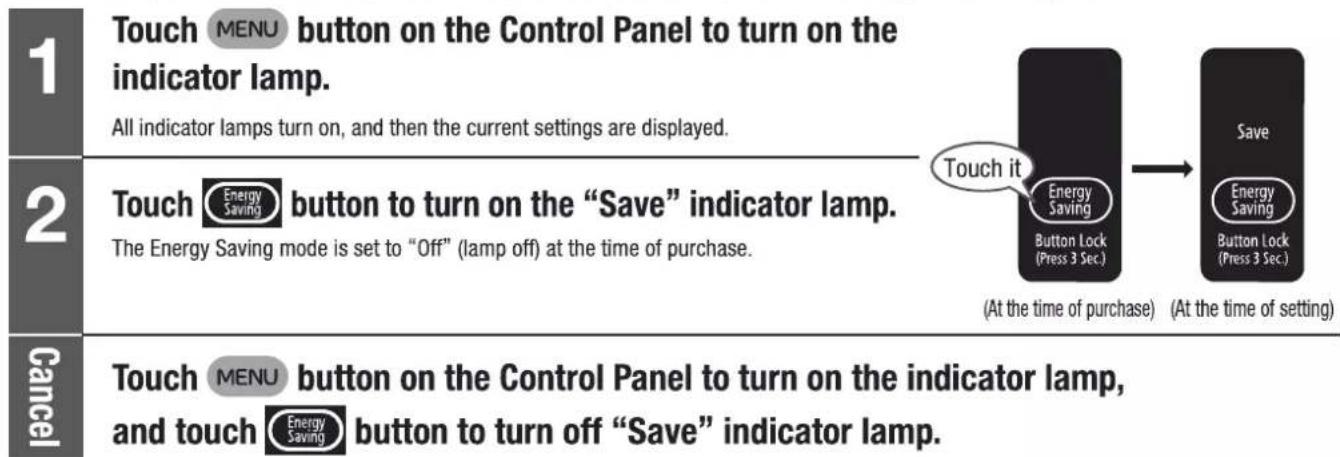 1 Touch MENU button on the Control Panel to turn on the indicator lamp. All indicator lamps turn on, and then the current settings are displayed. 2 Touch Energy Saving button to turn on the "Save" indicator lamp. The Energy Saving mode is set to "Off" (lamp off) at the time of purchase. Cancel Touch…