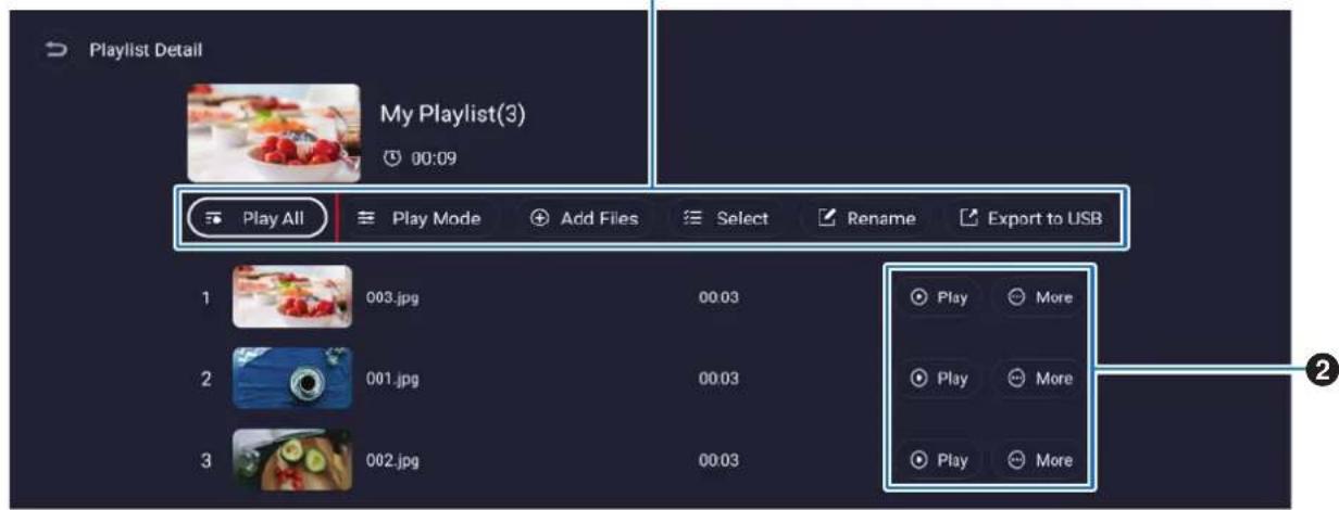 Playlist Detail, My Playlist(3), 00:09, Play All Play Mode Add Files Select Rename Export to USB, 1 003.jpg 00.03 Play More, 2 001.jpg 00.03 Play More, 3 002.jpg 00.03 Play More