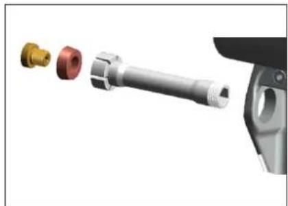 Exploded view of a mechanical component showing a shaft, bolt, and housing (no text or symbols visible)