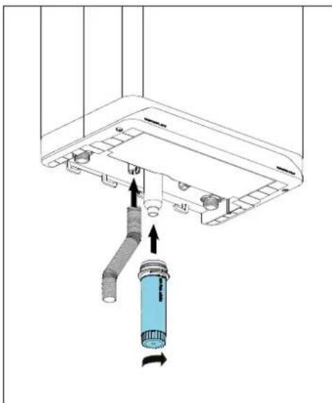 Diagram showing airflow or fluid flow between a device with labeled components and directional arrows indicating movement.
