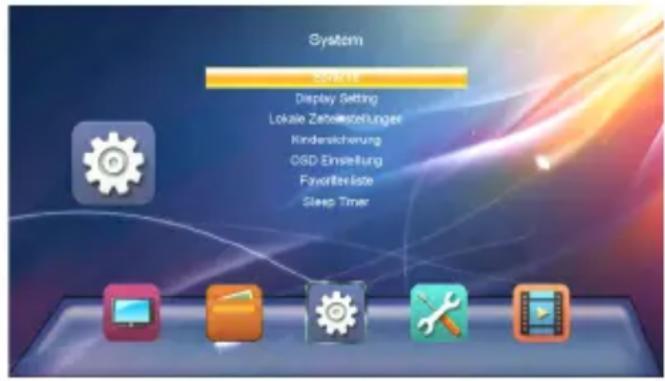 System SOSKET Display Setting Lokale Zehstoffeitungen Kindersicherung OSD-Einstellung Favorüberliste Sleep Timer