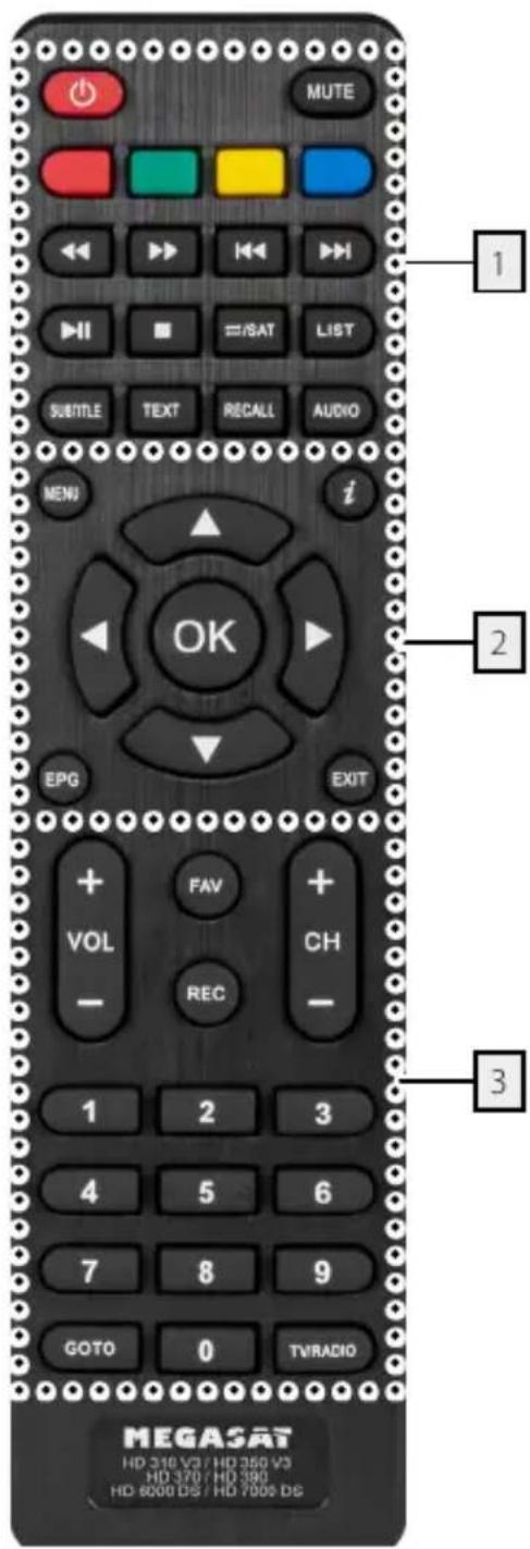 MUTE 1 SUTITLE TEXT RECALL AUDIO NEW OK 2 EPG EXIT + FAV + VOL CH - REC - 1 2 3 4 5 6 7 8 9 GOTO 0 TVRADIO MEGASAT HD 316 V3 / HD 350 V3 HD 370 / HD 390 HD 6000 DS / HD 7000 DS