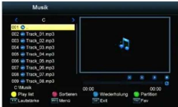 Musik 001 Track_01.mp3 Track_02.mp3 Track_03.mp3 Track_04.mp3 Track_05.mp3 Track_06.mp3 Track_07.mp3 Track_08.mp3 C:\Music Play list Sortieren Wiederholung Partition Laubstärke Menu Exit Fav