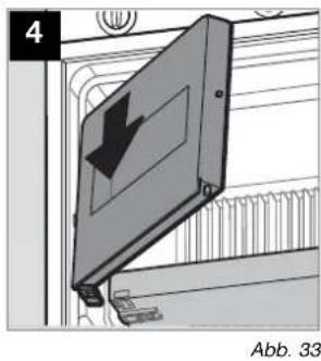 Diagram of a mechanical device with a downward arrow indicating a warning or failure, mounted on a panel (no text or symbols present)