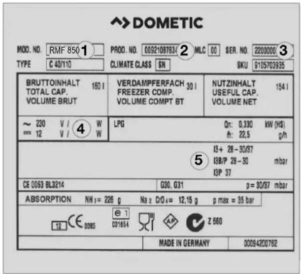 Dometic MOD. NR. RMF 850 1 PROD. NR. 0092108783(2) MLC 00 SER. NR. 2200000 3 TYP C 40/110 KLIMAKLASSE SN SKU 9105703935 BRUTTOINHALT 160 I VERDAMPFERFACH 30 I NUTZINHALT 154 I GESAMTVOLUMEN GEFRIERFACH NUTZVOLUMEN BRUTTOVOLUMEN KOMPT. BT NETTOVOLUMEN ~ 230 V / 4 W LPG Qn: 0,330 kW (HS) = 12 V / W ft…