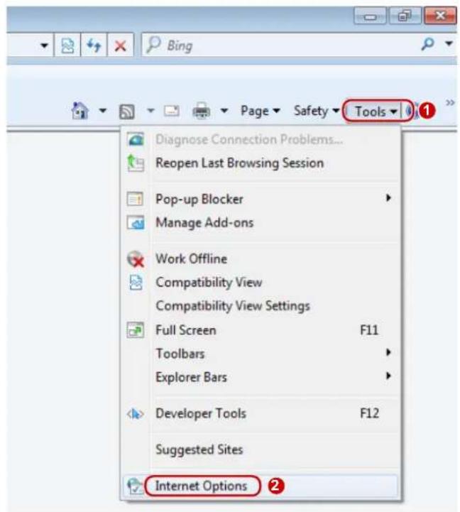 Bing Page Safety Tools Diagnose Connection Problems... Reopen Last Browsing Session Pop-up Blocker Manage Add-ons Work Offline Compatibility View Compatibility View Settings Full Screen F11 Toolbars Explorer Bars Developer Tools F12 Suggested Sites Internet Options ②
