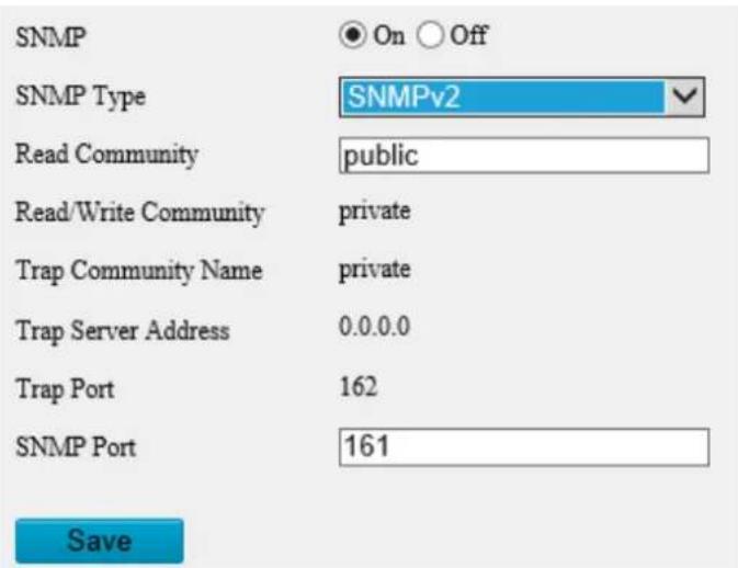SNMP ● On ○ Off SNMP Type SNMPv2 Read Community public Read/Write Community private Trap Community Name private Trap Server Address 0.0.0.0 Trap Port 162 SNMP Port 161 Save