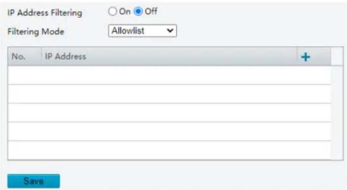 IP Address Filtering On Off Filtering Mode Allowlist No. IP Address + Save