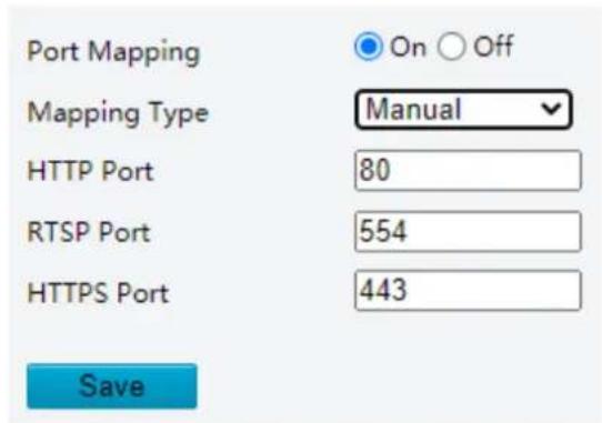 Port Mapping Mapping Type Manual HTTP Port 80 RTSP Port 554 HTTPS Port 443 Save