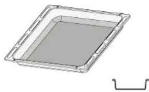 3D rendering of a square tray with a gray interior and a small curved bracket on the right side (no text or symbols)