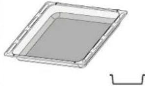 3D rendering of a rectangular tray with a gray interior and a separate curved bracket on the right (no text or symbols)