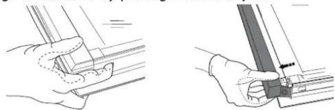 Illustration of two hand tools: one using a tool to cut or install a component, the other holding a tool with a ruler (no text or symbols present)