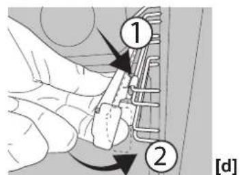 Diagram showing a hand inserting a component into a device, labeled with parts 1 and 2, and marked as [d]