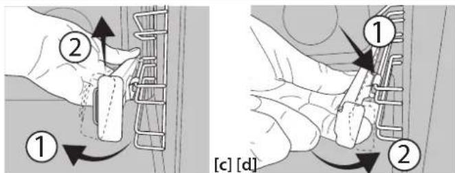 Diagram illustrating two steps of a mechanical or electrical component handling, labeled ① and ②, with arrows indicating rotation or adjustment.