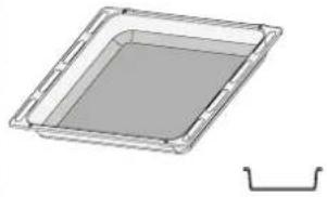 3D rendering of a rectangular tray with a gray interior and a separate curved bracket on the right (no text or symbols)