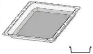 3D rendering of a rectangular tray with a gray interior and a separate curved bracket on the right (no text or symbols).