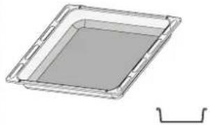3D rendering of a rectangular tray with a gray interior and a separate curved bracket on the right (no text or symbols).