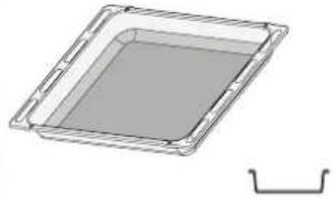 3D rendering of a rectangular tray with a gray interior and a separate curved bracket on the right (no text or symbols)
