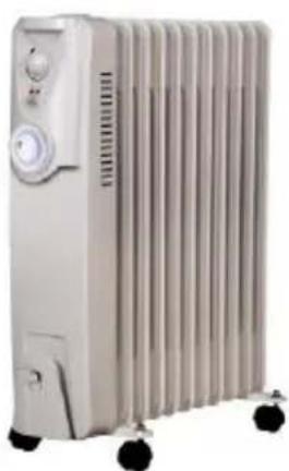 Exterior view of a silver oil resistance heater with multiple cooling fans and wheels (no text or symbols visible)