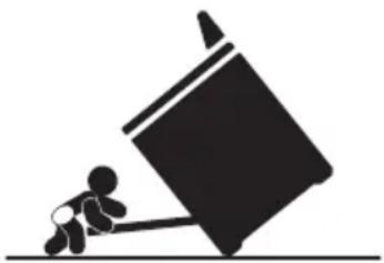 Silhouette of a person pushing a large block on a horizontal line.