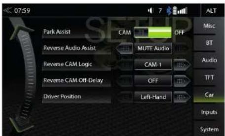 07:59 Park Assist CAM OFF Reverse Audio Assist MUTE Audio Reverse CAM Logic CAM-1 Reverse CAM OFF-Delay OFF Driver Position Left-Hand Misc BT Audio TFT Car Inputs System