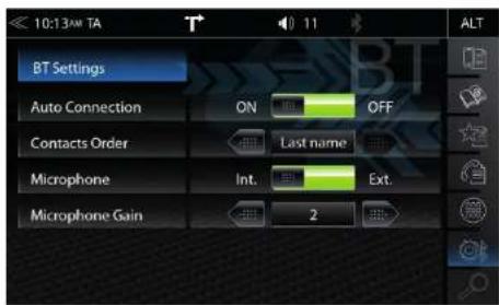 10:13AM TA BT Settings Auto Connection ON OFF Contacts Order Last name Microphone Int. Ext. Microphone Gain 2 ALT