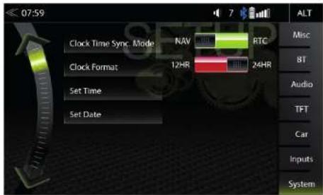 07:59 Clock Time Sync. Mode NAV RTC Clock Format 12HR 24HR Set Time Set Date ALT Misc BT Audio TFT Car Inputs System