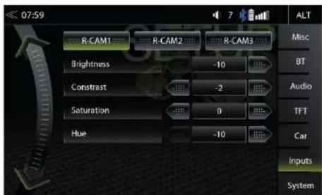 07:59 R-CAM1 R-CAM2 R-CAM3 Alt Misc Brightness -10 BT Constrat -2 Audio Saturation 0 TFT Hue -10 Car Inputs System