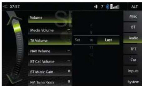 07:57 Volume Media Volume TA Volume NAV Volume BT Call Volume BT Music Gain 0 FM Tuner Gain 0 Set 10 Last 11 12 ALT Misc BT Audio TFT Car Inputs System