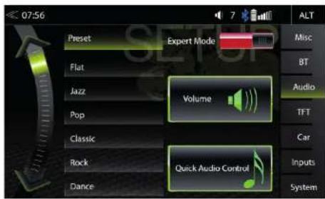 07:56 Preset Expert Mode Misc Flat Volume BT Jazz Audio Pop TFT Classic Car Rock Inputs Dance Quick Audio Control System