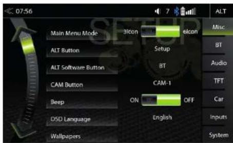 07:56 Main Menu Mode ALT Button ALT Software Button CAM Button Beep DSO Language Wallpapers 3Icon Setup BT CAM-1 ON English OFF Misc BT Audio TFT Car Inputs System