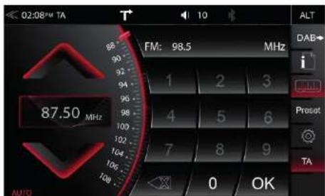 02:08PM TA 87.50 MHz FM: 98.5 MHz 1 2 3 4 5 6 7 8 9 0 OK AUTO ALT DAB← i Preset TA