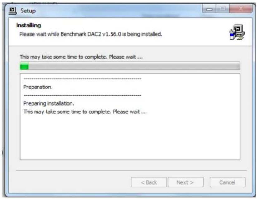 Setup Installing Please wait while Benchmark DAC2 v1.56.0 is being installed. This may take some time to complete. Please wait ... --------.. Preparation. --------.. Preparing installation. This may take some time to complete. Please wait ... < Back Next > Cancel