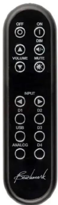 OFF ON DIM VOLUME MUTE INPUT D1 D2 USB D3 ANALOG D4 Benchmark