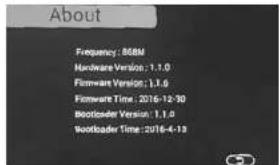 Acerca de Frecuencia: 868M Versión de Hardware: 1.1.0 Versión de Firmware: 1.1.0 Tiempo de Firmware: 2016-12-30 Versión del Bootloader: 1.1.0 Tiempo del Bootloader: 2016-4-19