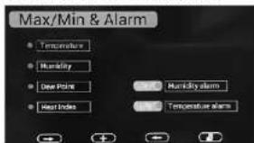 Max/Min et alarme • Température • Humidité • Point de rosée • Indice de chaleur • Alarme d'humidité • Alarme de température