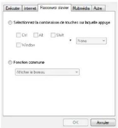 Exéouter Internet Racecourse clavier Multimedia Auto Sélectionnez la combinaison de touches sur laquelle appuye Ctrl Alt Shift None Window Fonction commune Afficher le bureau OK Annuler
