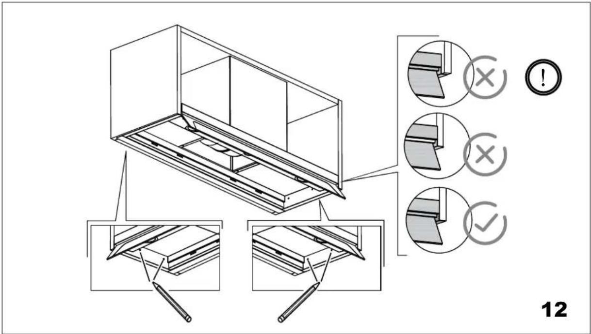 Technical diagram illustrating assembly steps with labeled checkmarks and warning symbols, including numbered instructions and component illustrations.