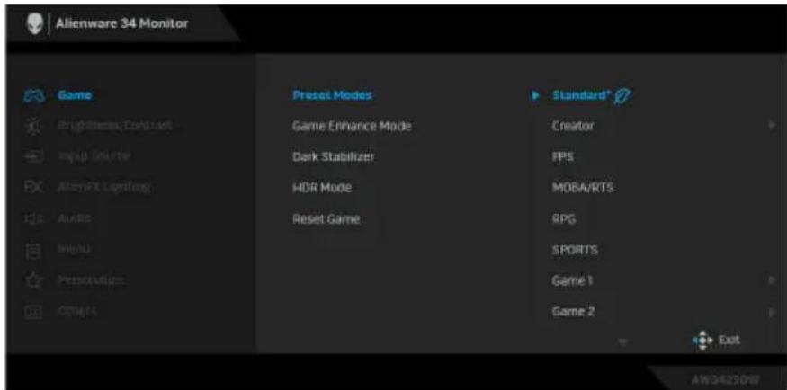 Alienware 34 Monitor Game Brightness, Contrast Input Source FX AlienFX Lighting ALARIS MENU Personalize OTHERS Preset Modes Game Enhance Mode Dark Stabilizer HDR Mode Reset Game Standard* Creator FPS MOBA/RTS RPG SPORTS Game 1 Game 2 Exit AW34210W