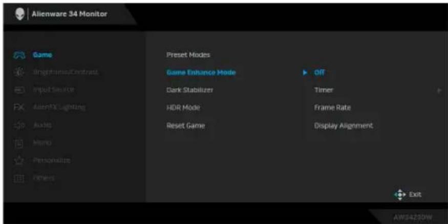 Alienware 34 Monitor Game BrightFlash/Contrast Input Source AlienFX/Lighting Axes Memo Personalize Pixels Preset Modes Game Enhance Mode Off Dark Stabilizer Timer HDR Mode Frame Rate Reset Game Display Alignment Exit AW34230W