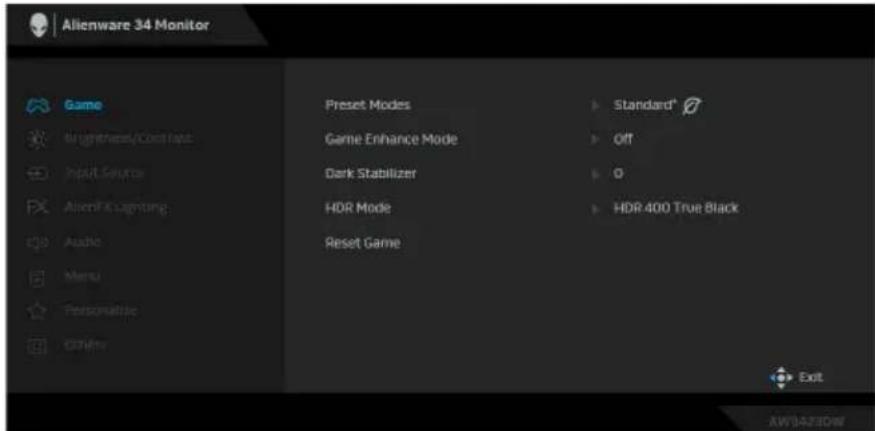Alienware 34 Monitor Game Brightness/Comfort Input Source Alarm & Lighting Audio Menu Personalize Options Preset Modes Game Enhance Mode Dark Stabilizer HDR Mode Reset Game Standard* Off O HDR 400 True Black Exit AW04230W