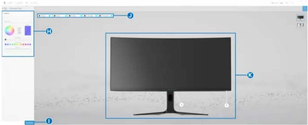Screenshot of a software interface showing a monitor with labeled components and color palette controls