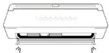 Technical line drawing of a rectangular electronic device with a flat top and side panel (no text or symbols)