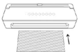 Simple line drawing of a printer with a striped cover and an arrow indicating upward motion (no text or symbols)