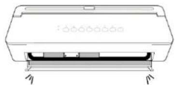 Technical line drawing of a rectangular electronic device with mounting holes and internal components (no text or symbols)