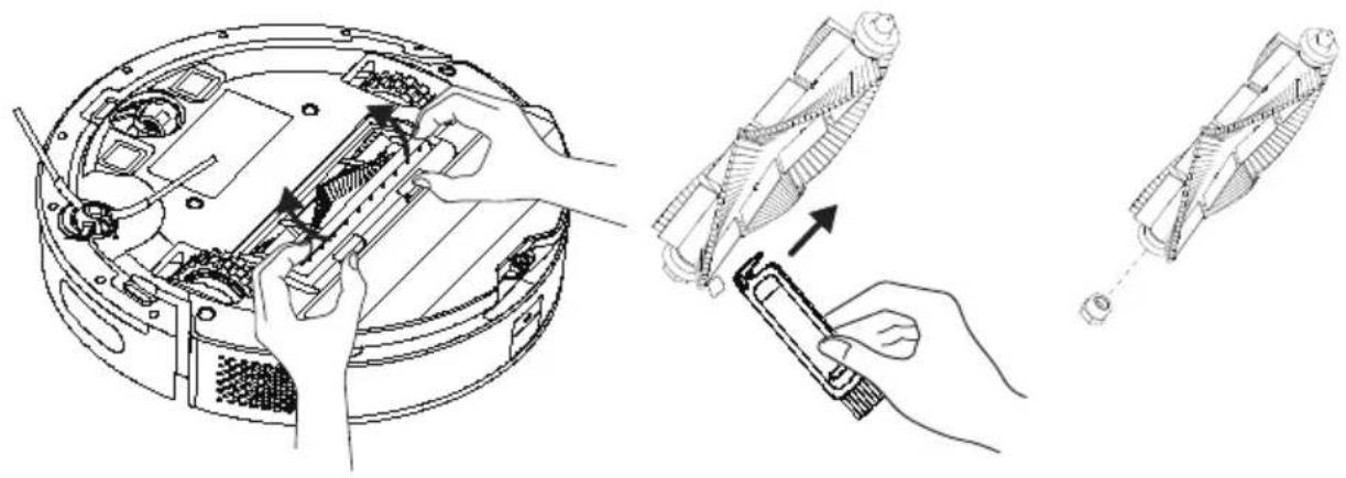 Technical line drawing showing three stages of a robotic device: open casing, internal gear assembly, and disassembly (no text or symbols)