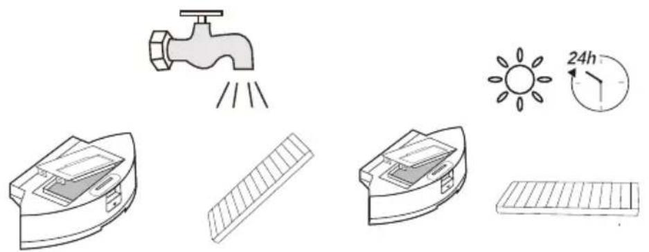Illustration of household appliances including a faucet, solar panel, and grid device (no text or symbols)