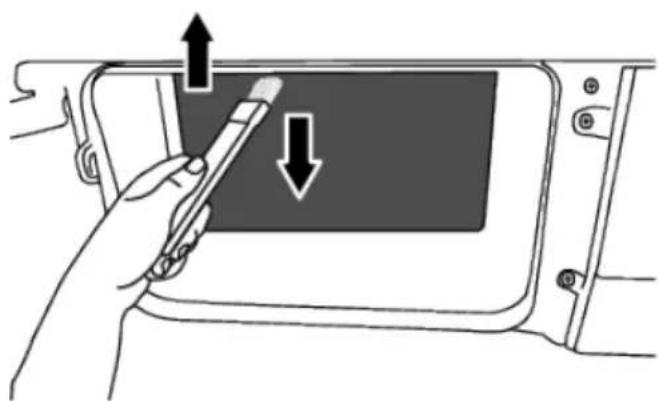 Illustration of a hand holding a pen inside a vehicle's door panel, with arrows indicating direction.